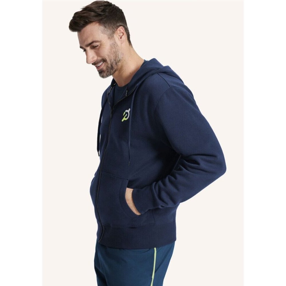 Peloton Original Fleece Hoodie‎ Men’s 2XL Full Zip Blue Logo Sleeve Cycling EUC